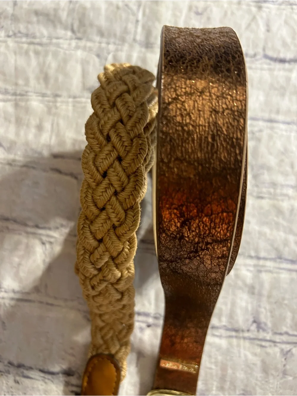 NINE WEST METALLIC COPPER BRONZE VEGAN & VTG BROWN WITH NATURAL WOVEN BELTS